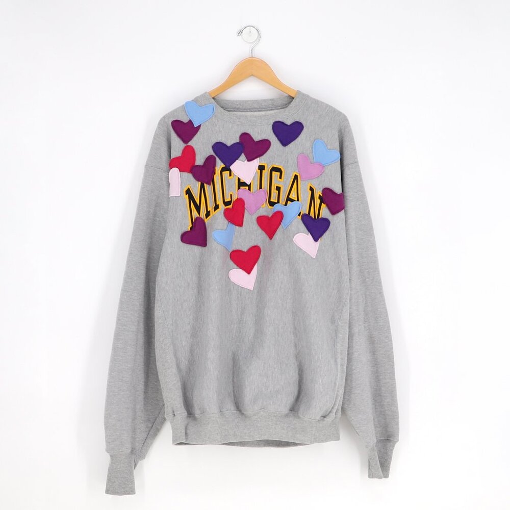 Upcycled Reworked 3D Heart Michigan Gray Sweatshirt Size XL